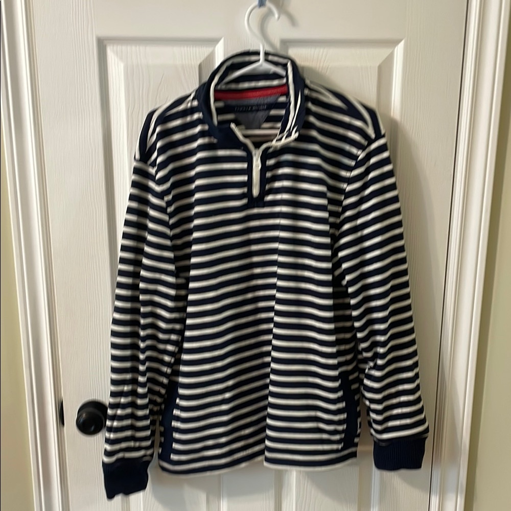 Tommy Hilfiger Men's Navy and White Striped Half Zip Sweater